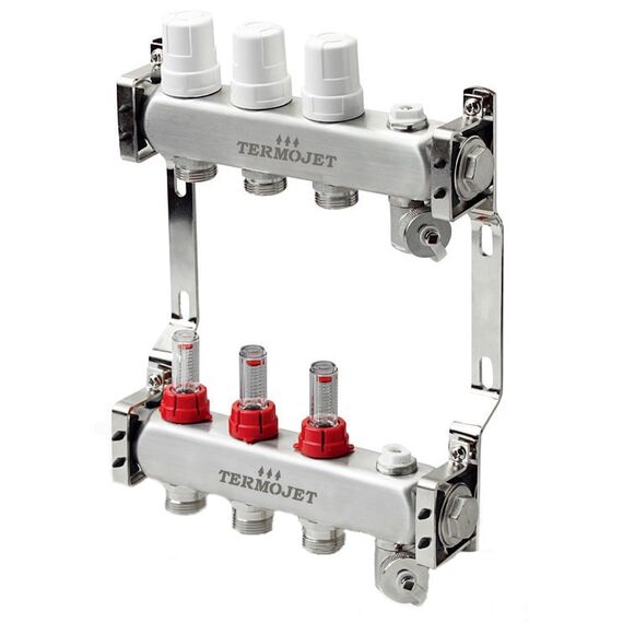 Колектор Termojet для теплої підлоги з витратомірами 6 виходів, Кількість виходів: 6, Тип колектора: З витратомірами, Діаметр вхід/вихід: 1", Діаметр підведень (контурів): 3/4" -  - obigriv